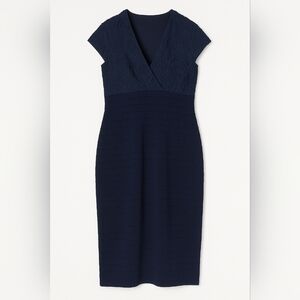 💙 Xscape Navy Blue Mixed Fabric Stretch Midi Dress Size 14W Formal Festive Prep